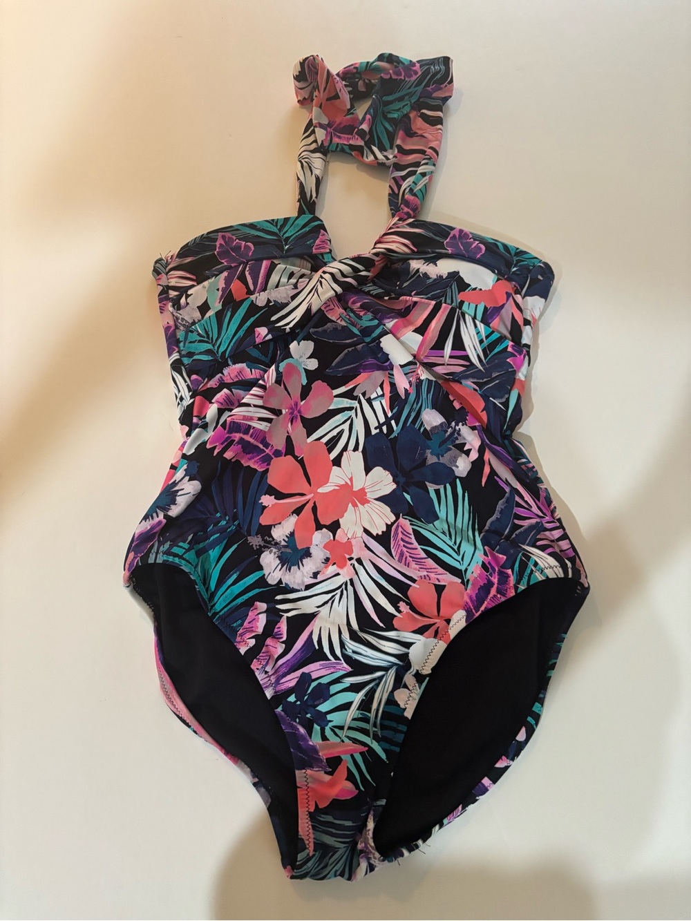 Leilani Floral Twist Halter One-Piece Swimsuit - Navy with Pink & Teal